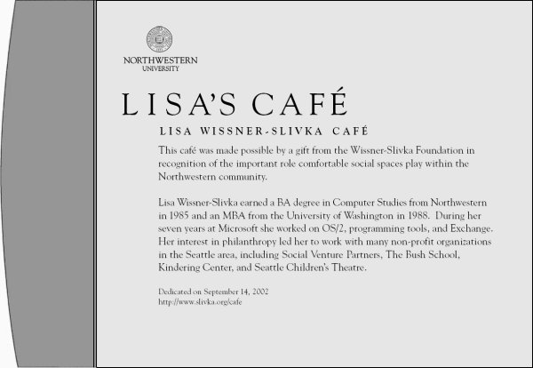 Dedication plaque for Lisa's Cafe